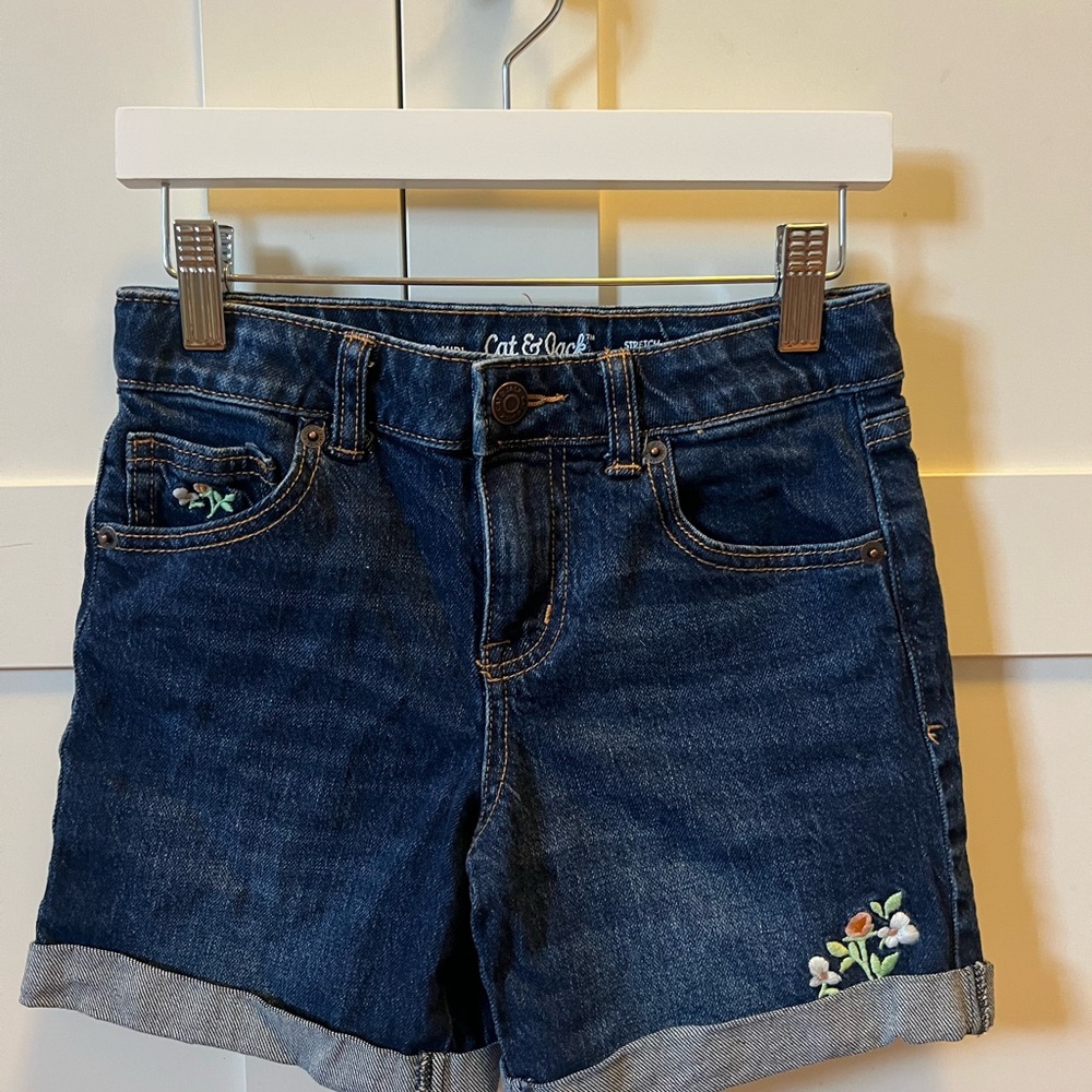 Cat & Jack Dark Blue Denim Shorts with Floral Embroidery